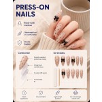 Nude Polka‑Dot Press‑On Nails with 3D Black Bows, Medium‑Long Almond Nails Elegant Luxury False Nails